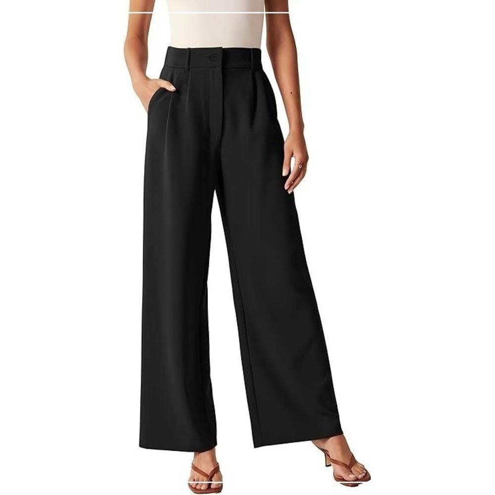 Noahella Pants Women L Black Wide High Rise Pleated Trousers Full Length Office